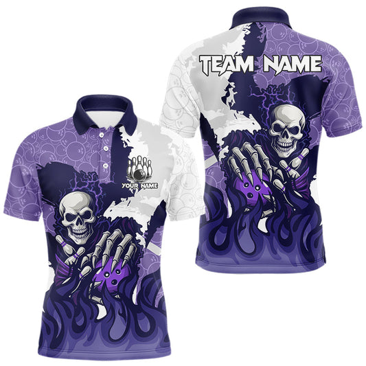 Maxcorners White and Purple Camo Flame Lightning Skull Bowling Shirts For Men Custom Bowling Team Jerseys LM2603