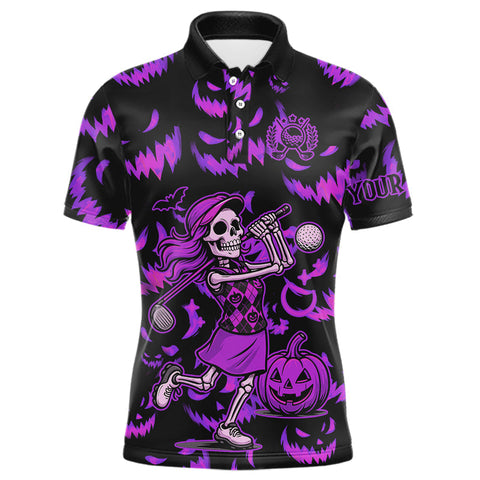 Maxcorners Purple and Black Halloween Pattern Funny Skull Golf polo shirt for men Custom Halloween Mens golf top MT1309