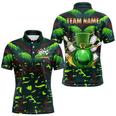 Maxcorners Personalized Green Camo Bowling Polo, 1/4 Zip Shirts For Men Custom St Patrick Day Bowling Team Jersey