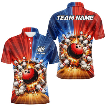 Maxcorners Funny Bowling Boom Polo, 1/4 Zip Shirt For Men Custom Red, White and Blue Team Bowler Jerseys LM2602