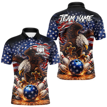 American Flag Flame Eagle Bowling Polo, 1/4 Zip Shirts For Men Custom Patriotic Bowling Team Jerseys LM1203