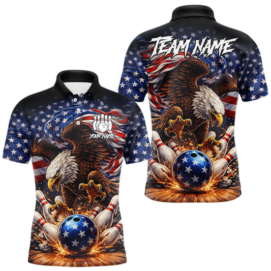 American Flag Flame Eagle Bowling Polo, 1/4 Zip Shirts For Men Custom Patriotic Bowling Team Jerseys LM1203