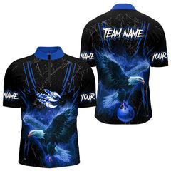 Maxcorners Black and Blue Flame Eagle Bowling Shirt For Men Custom Team Name Bowling Jerseys For Bowlers MT1309