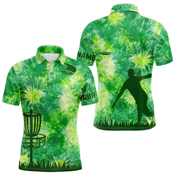 Maxcorners Mens disc golf polo shirts with green tie dye background disc golf basket custom disc golf jerseys MT0510