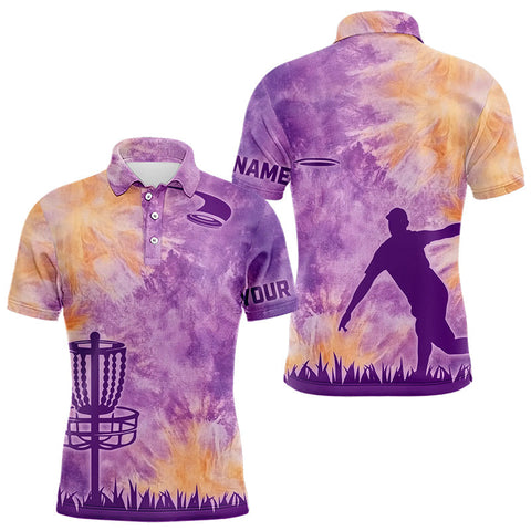 Maxcorners Mens disc golf polo shirts with purple tie dye background disc golf basket custom disc golf jerseys MT0510