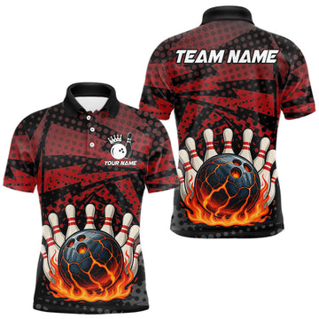 Maxcorners Black and Red pattern Flame Bowling Polo, 1/4 zip shirts For Men Custom Team Bowling Jerseys