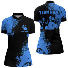 Maxcorners Black And Blue Retro Mens Bowling Polo, Quarter Zip Shirts Custom Team Bowling Jerseys Mens And Women Outfit