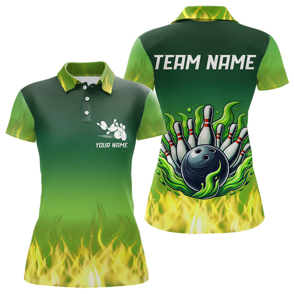 Maxcorners Personalized Yellow Green Flame Bowling Polo, Quarter Zip Shirts For Men Custom Team Bowling Jersey