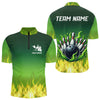Maxcorners Personalized Yellow Green Flame Bowling Polo, Quarter Zip Shirts For Men Custom Team Bowling Jersey