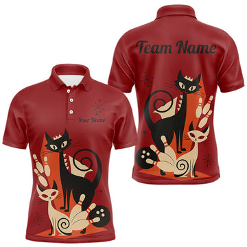 Maxcorners Custom retro bowling shirts Cat Bowling jersey for men Team Bowling Polo, 1/4 Zip Shirts | Red LM2602