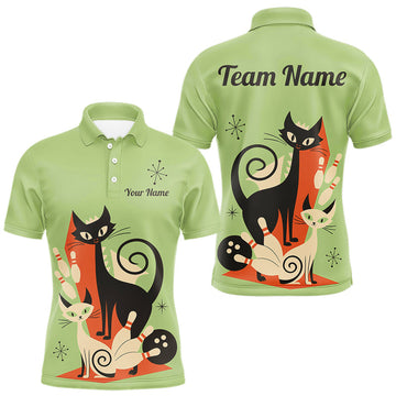 Maxcorners Custom retro bowling shirts Cat Bowling jersey for men Team Bowling Polo, 1/4 Zip Shirts | Green LM2602