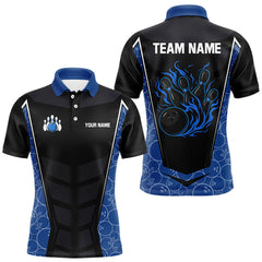 Maxcorners Black and Blue Camo Flame Mens Bowling Polo, quarter zip shirts Custom team bowling league jersey LM1008