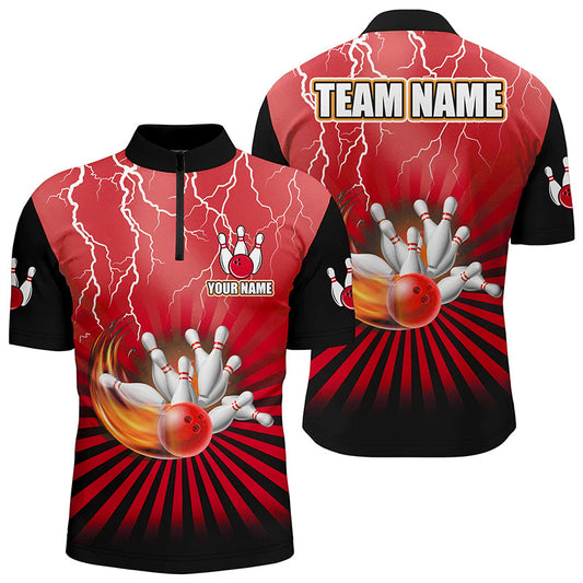 Maxcorners Bowling Ball And Pins Red Lightning Storm Vintage Customized Name, Team Anme 3D Polo Shirt