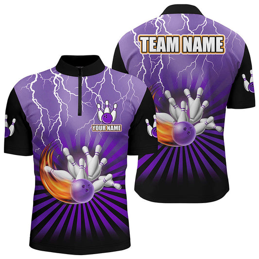 Maxcorners Bowling Ball And Pins Purple Lightning Storm Vintage Customized Name, Team Anme 3D Polo Shirt