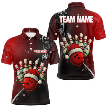 Maxcorners Custom Funny Christmas Bowling Shirts For Men, Black and Red Gradient Xmas Bowling Outfit Bowler Gift LM1903