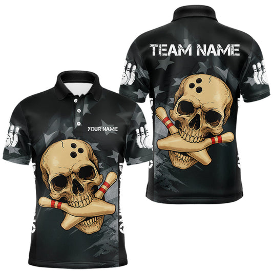 Maxcorners Personalized Black American Flag Skull Bowling Shirts For Men Custom Team's Name Skull Bowler Jerseys LM0404