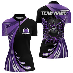 Maxcorners Black And Purple Bowling Ball And Pins Wings Bowling Shirts For Men Custom Team Bowling Jerseys