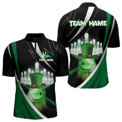 Maxcorners Black And Green St Patrick Day Bowling Polo, Quarter Zip Shirts For Men And Women Custom Team Bowling Jerseys
