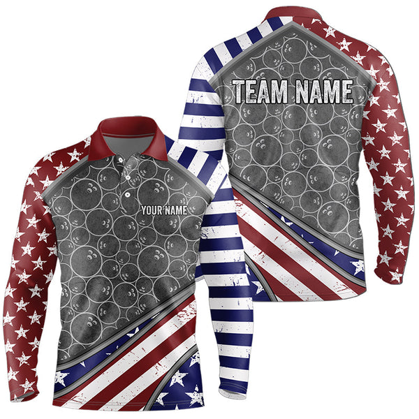 Maxcorners American Flag Gray Camo Bowling Polo, Quarter Zip Shirts For Men And Women Custom Patriotic Team Bowling Jersey