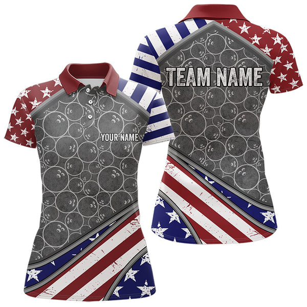 Maxcorners American Flag Gray Camo Bowling Polo, Quarter Zip Shirts For Men And Women Custom Patriotic Team Bowling Jersey