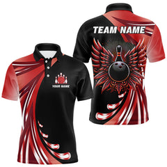 Maxcorners Black and Red Bowling Ball and Pins wings Bowling Shirts for Men Custom Team Bowling Jerseys TU1908