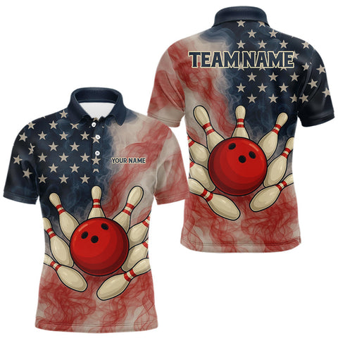 Maxcorners Personalized Smoke American Flag Bowling Shirts for Men Custom Patriotic Team Bowling Outfits TU1908