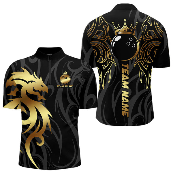 Maxcorners Black and Gold Dragon tribal crown Bowling ball Shirts for Men Custom Bowling Team League Jerseys LM1610