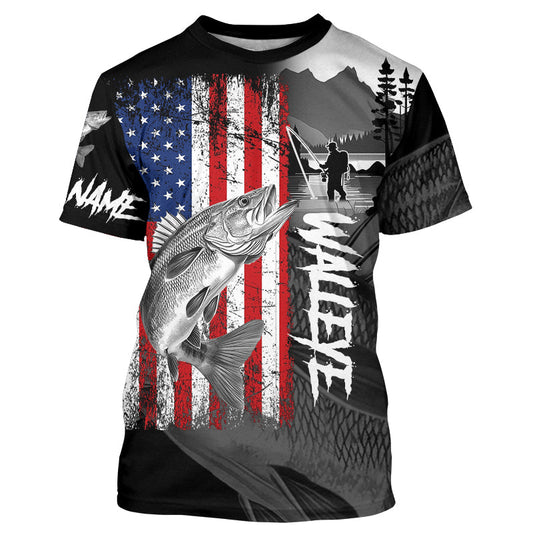Maxcorners American Flag Walleye Fishing Custom Long Sleeve Performance Fishing Shirts, Walleye Fishing Jerseys