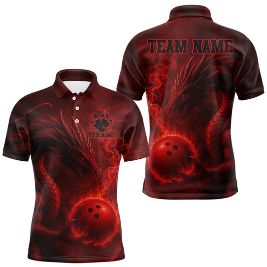 Maxcorners Red Flame Dragon Bowling Polo, 1/4 Zip Shirts For Men Custom Name Team Bowling League Jersey LM0404