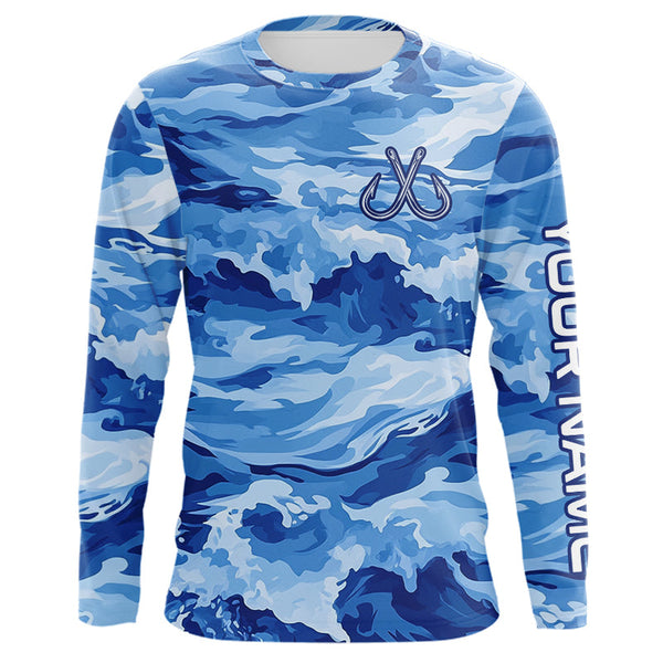 Maxcorners Blue Sea Wave Camo Fish hook custom name long sleeve fishing shirt, camo fishing jerseys MT2108