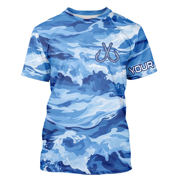 Maxcorners Blue Sea Wave Camo Fish hook custom name long sleeve fishing shirt, camo fishing jerseys MT2108