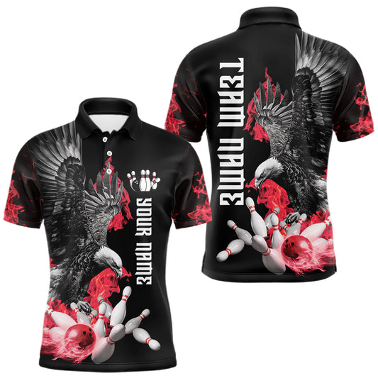 Maxcorners Custom Red Flame Black Eagle Bowling Polo, Quarter Zip Shirt For Men, Team Bowling Clothes LM1104