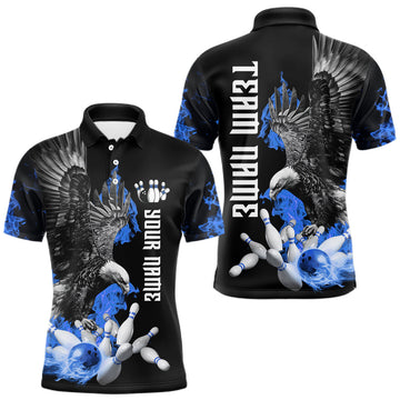 Maxcorners Custom Blue Flame Black Eagle Bowling Polo, Quarter Zip Shirt For Men, Team Bowling Clothes LM1104
