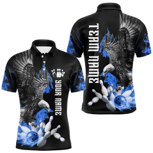 Maxcorners Custom Blue Flame Black Eagle Bowling Polo, Quarter Zip Shirt For Men, Team Bowling Clothes LM1104