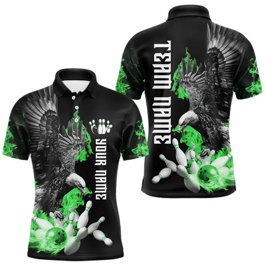 Maxcorners Custom Green Flame Black Eagle Bowling Polo, Quarter Zip Shirt For Men, Team Bowling Clothes LM1104