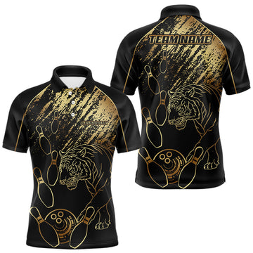 Maxcorners Personalized Black and Gold Tiger Bowling Polo, Quarter Zip Shirts For Men Custom Bowling Team Jersey MT707
