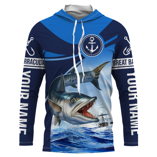 Maxcorners Great barracuda fishing saltwater fish Custom name barracuda Long sleeve fishing shirts, Long Sleeve Hooded LM0201