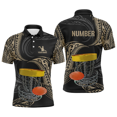 Maxcorners Mens disc golf polo shirts custom name, number black tribal disc golf shirt, disc golf outfit MT0510