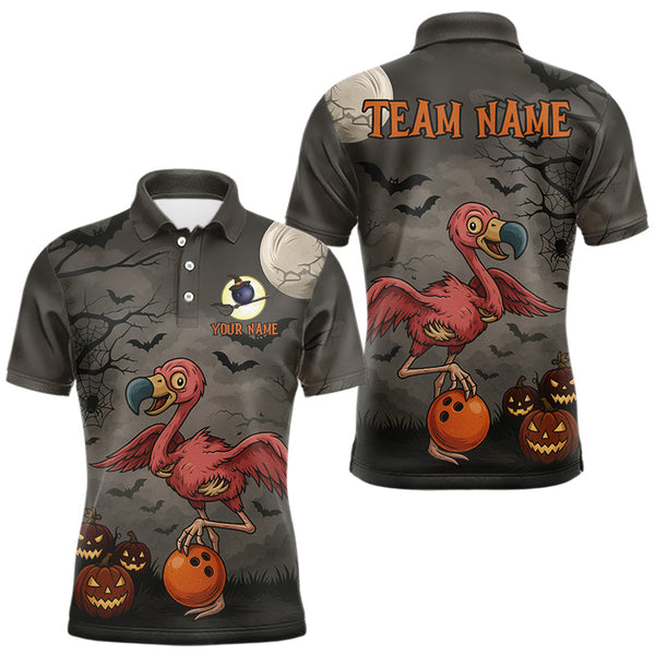 Maxcorners Funny Flamingo Halloween Bowling Polo, Quarter Zip Shirt For Men Custom Halloween Bowling Team Jersey LM1809