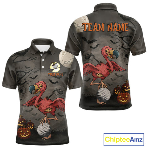 Maxcorners Funny Halloween Flamingo Pumpkin Golf Polo Shirt For Men Custom Halloween Mens Golf Tops LM1809