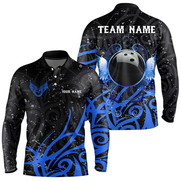 Maxcorners Black And Blue Camo Bowling Polo, Quarter Zip Shirts For Men Custom Team Bowling Jersey Bowlers Outf