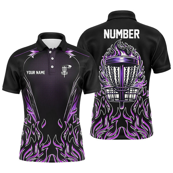 Maxcorners Purple flame Mens Disc golf polo shirts custom black disc golf fire jerseys, disc golf shirts MT0510