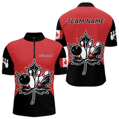 Maxcorners Black and Red maple leaf Mens bowling shirts Custom Canadian Flag bowling team jerseys, bowlers gifts LM1625