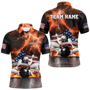 Maxcorners Orange Lightning thunder storm American Flag Bowling Shirt For Men Custom Bowling Team League Jerseys LM2007