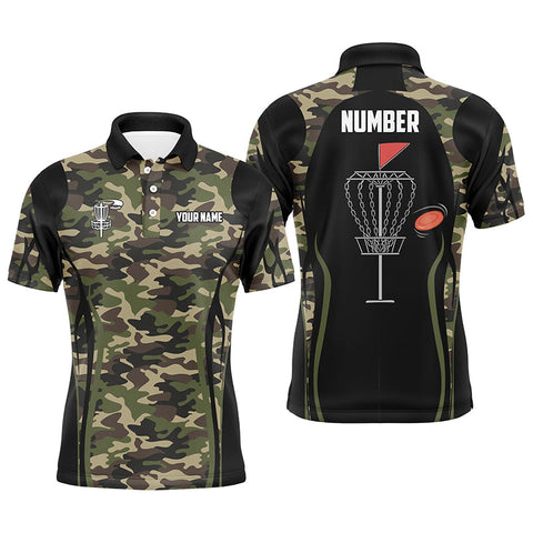 Maxcorners Black Mens disc golf polo shirt custom name, number camo disc golf jersey, mens disc golf apparel MT0510