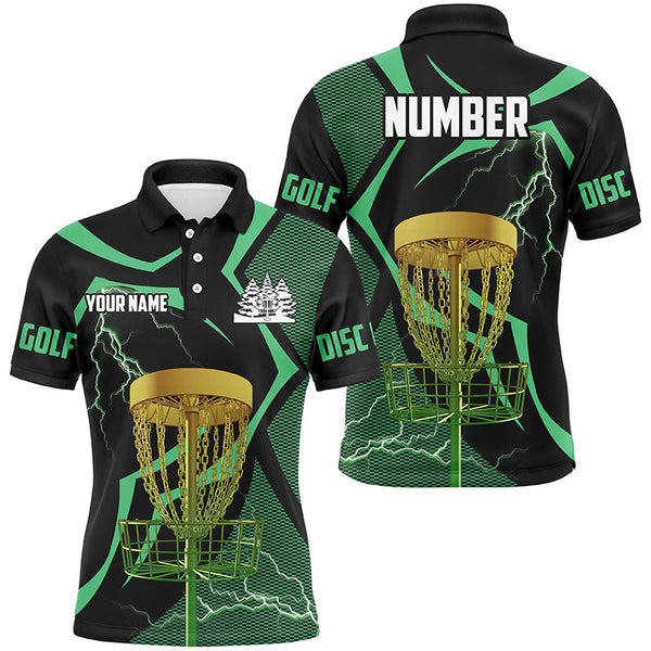 Maxcorners Black and green Men disc golf polo shirt custom lightning thunder disc golf basket, disc golf gifts MT0510