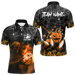 Maxcorners Black Bowling Camo Orange flame Skull Custom Halloween Bowling Shirts For Men, Bowling Team Jerseys LM1809