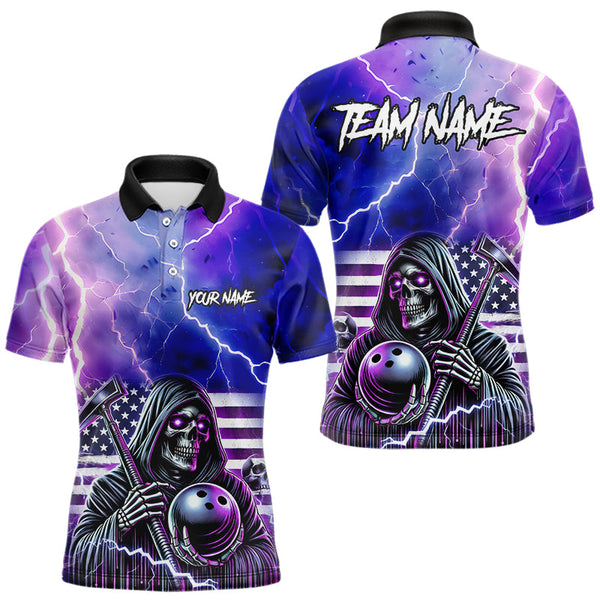 Maxcorners Purple American Flag Lightning Thunder Storm Reaper Bowling Shirt For Men Custom Bowling Team Jersey