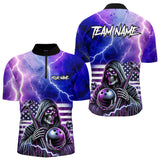 Maxcorners Purple American Flag Lightning Thunder Storm Reaper Bowling Shirt For Men Custom Bowling Team Jersey