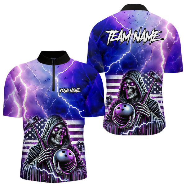 Maxcorners Purple American Flag Lightning Thunder Storm Reaper Bowling Shirt For Men Custom Bowling Team Jersey